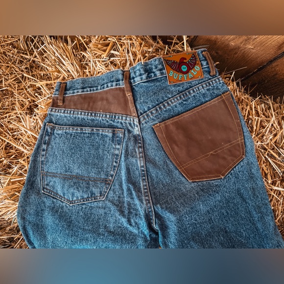 Y2K Buffalo David Bitton Blue Denim Jeans with Brown Leather Trim - Picture 2 of 6